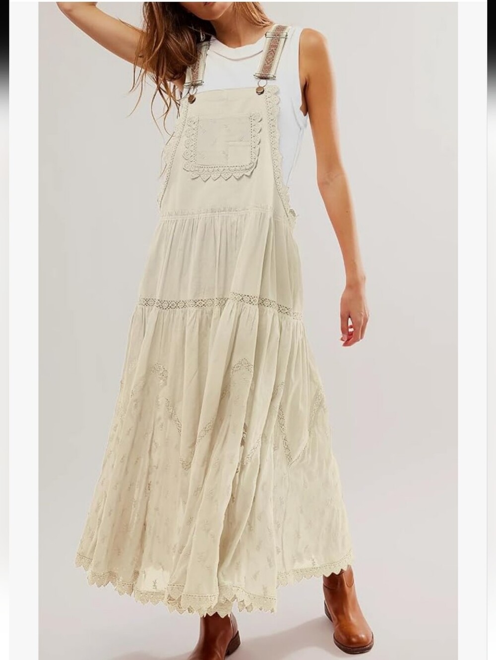 Boho Lace-Trim Maxi Pinafore Dress in Cream